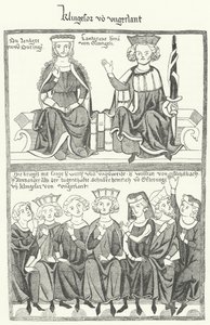 En skildring af Sangerkrieg, en konkurrence mellem minstreller på Wartburg-slottet i Thüringen i 1207, fra Codex Manesse (gravering) af German School