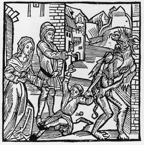 En djævel tager et barn for øjnene af sine forældre, der havde lovet ham ved pagt - I "Der Ritter von Turn"" af Knight Marquard vom Stein af German School