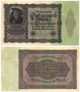 En halvtreds tusind mark seddel, 1922 (recto og verso) af German School