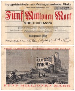 En seddel på fem millioner mark, ca. 1923 (recto og verso) af German School