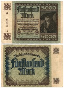 En fem tusind mark seddel, 1922 (recto og verso) af German School