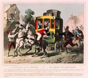 Et par på bryllupsrejse bliver angrebet af landevejsmænd i Italien, billedblad udgivet af Gangel & P. Didion, Metz, ca. 1850 af German School