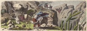 En lama-karavane, der transporterer malm fanget i en storm i Andesbjergene (farvet indgravering) af German School