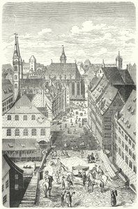 En gade i Nürnberg i det 15. århundrede (gravering) af German School