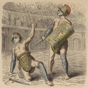 En såret romersk gladiator bønfalder folkemængden for sit liv (farvet indgravering) af German School