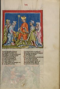 Aaron forvandler stangen til en slange fra Weltchronik Ms. 33, fol. 73, ca. 1400-10 (tempera, guld- og sølvmaling, blæk på pergament) af German School