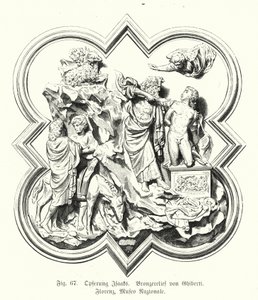 Abraham ofrer sin søn Isak til ofring, bronze relief af Lorenzo Ghiberti (stik) af German School