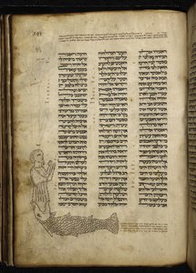 Tilføje. 21160, f.292, Mikrografi af Jonas, der bliver slugt af fisken, efter Jonas tekst, haftarah til eftermiddagsgudstjenesten Yom Kippur (vellum) af German School
