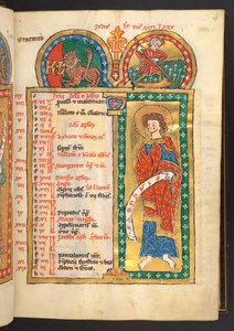 Tilføje. 60629, f.4 Juli. 12 kalendersider i guld og farver, med arkitektoniske rammer, der hver indeholder et stjernetegn, en apostel og månedens arbejde.  Psalter. Oplyst Salter med Kalender, Højsange og Litanier til Nonners Brug,. af German School