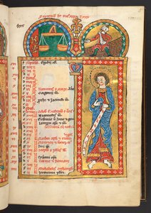Tilføje. 60629, f.5 September. 12 kalendersider i guld og farver, med arkitektoniske rammer, der hver indeholder et stjernetegn, en apostel og månedens arbejde.  Psalter. Oplyst Psalter med Kalender, Canticles og Litanier til Brug af nu af German School