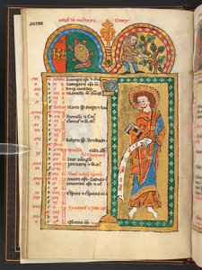 Tilføje. 60629, f.5v Oktober. 12 kalendersider i guld og farver, med arkitektoniske rammer, der hver indeholder et stjernetegn, en apostel og månedens arbejde.  Psalter. Oplyst Psalter med Kalender, Canticles og Litanier til Nonnes Brug af German School