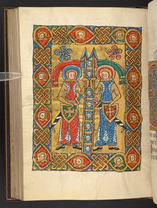 Tilføje. 60629, f.84v To militære helgener, med andres hoveder (vellum) af German School