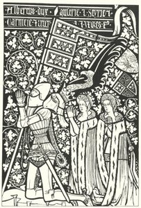 Albert III, hertug af Østrig, med sine to hustruer, Elisabeth af Bøhmen og Beatrice af Nürnberg (stik) af German School