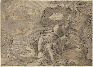 Allegorisk kvindefigur i et landskab [recto], ca. 1600 (pen- og blæktegning) af German School