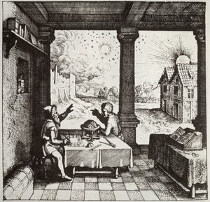 En astrolog, der støber et horoskop, kopi af en illustration fra Utriusque Cosmi Historia af Robert Fludd, Oppenheim 1617, brugt i en magihistorie, udgivet sent i det 19. århundrede af German School