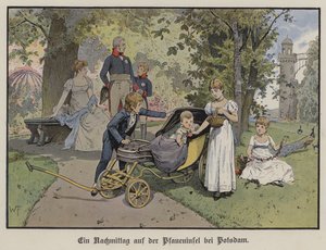 En eftermiddag på Pfaueninsel i Potsdam (farve litho) af German School