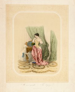 En elegant dame ved hendes toiletbord, trykt af F. Sala & Co, Berlin, ca. 1850 af German School