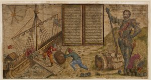 En illustreret bredside, der fejrer Francis Drakes kampagne mod spanierne, illustration fra 