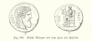 Gamle græske mønter fra Elis med billeder af Zeus fra Phidias (gravering) af German School