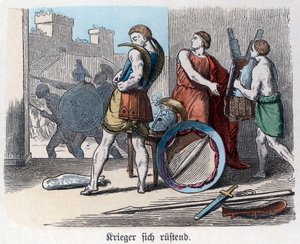 Oldtidens historie. Grækenland. Græske krigere bevæbner sig til krig. ... (gravering) af German School