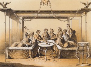 Gamle romere nyder et måltid (farvelitografi) af German School