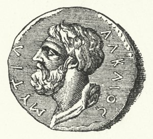 Gammel mønt, der viser hovedet af den græske digter Alcaeus fra Mytilene af German School