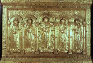Antependium, der forestiller Kristus med donorerne ved hans fødder mellem ærkeenglene Gabriel, Raphael og Michael og St. Benedikt (guld) (se også 162678) af German School