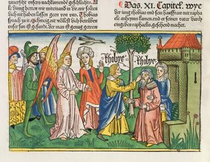 Apokryfer: Tobias genopretter sin far Tobits syn med galde af en fisk, fra Nürnbergbibelen (Biblia Sacra Germanaica) (farvet træsnit)