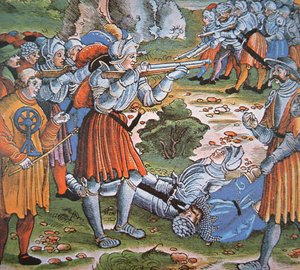 Pansrede soldater skyder tændstiklås Arquebus, slutningen af det 15. århundrede (håndfarvet træsnit) af German School
