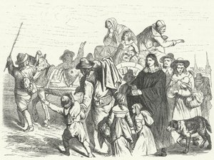 Ankomst af franske huguenot-immigranter til Brandenburg efter at den store kurfyrst Frederik William udstedte Potsdam-ediktet i 1685 (stik) af German School