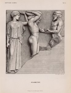 Atlas bringer Herakles Hesperidernes Æbler i nærværelse af Athena, metope fra Zeus-templet, Olympia, Grækenland (gravering) af German School