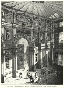 Auditorium og scene i Teatro Olimpico, Piacenza, Italien, designet af Andrea Palladio (gravering) af German School