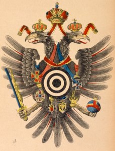 Østrig-ungarsk kejserligt våbenskjold som bueskydningsmål, ca. 1865 (farvet træsnit) af German School