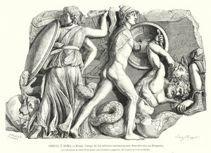 Kamp mellem guderne og titanerne og kæmperne, oldgræsk relief fra Pergamon (litho) af German School