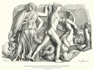 Kamp mellem guderne og titanerne og kæmperne, oldgræsk relief fra Pergamon (gravering) af German School
