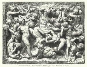 Battle of the Centaurs, marmorrelief af Michelangelo (gravering) af German School