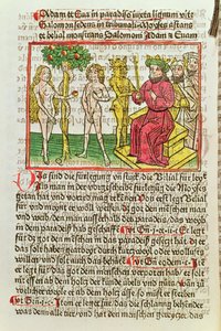 Belial præsenterer Adam og Eva for Salomon, illustration fra en tysk oversættelse af Das Buch Belial, 1473 (farvet træsnit) af German School