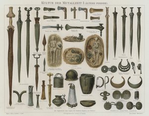 Artefakter fra bronzealderen (farve litho) af German School