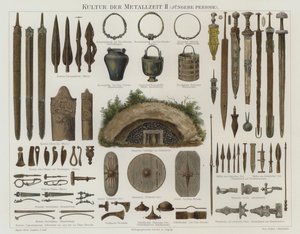 Bronze- og jernalderartefakter (farve litho) af German School