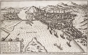 Buda og Pest belejret af de kristne i 1602, illustration fra en bog om de osmanniske felttog i Europa, indgraveret af Paul Furst (ca. 1605-66) af German School