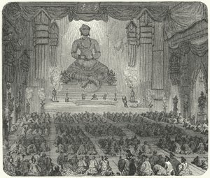 Buddhister tilbeder i et kloster i Peking (gravering) af German School