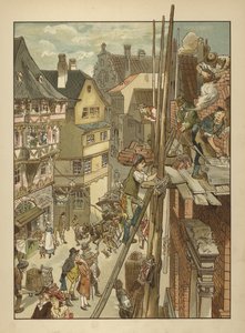Bygherrer på arbejde på et hus (farve litho) af German School
