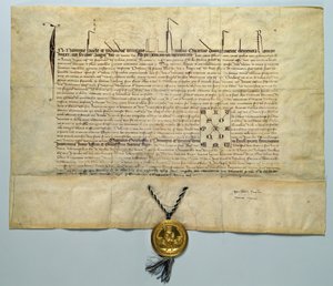Tyren af Karl IV (1316-78) hellig romersk kejser, 29. januar 1365 (blæk på pergament med guldsegl) af German School
