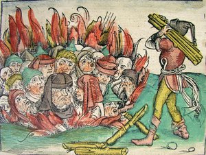 Afbrænding af jøderne, offentliggjort i Nürnberg Chronicle, 1493 af German School