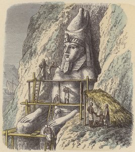 Udskæring af en statue af en gammel egyptisk farao ud af en klippeflade (farvet indgravering) af German School
