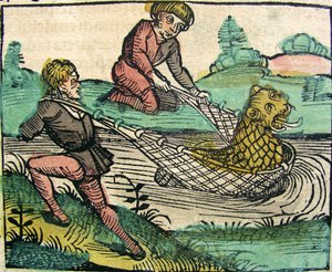 Catching a Lion Cat fish Monster offentliggjort i Nürnberg Chronicle, 1493 af German School