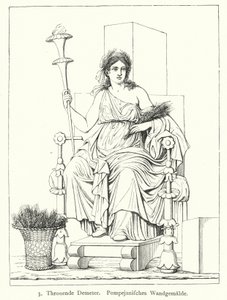 Ceres, romersk høstgudinde, tronende, vægmaleri fra Pompeji (gravering) af German School