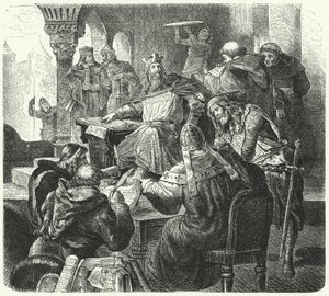 Karl den Store rådfører sig med lærde og præster (gravering) af German School