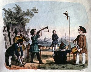 Børn, der skyder et mål med en arkebus, ca. 1860 (farvegravering) af German School