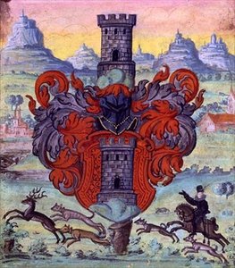 Våbenskjold inden for en jagtscene, ca. 1640 (gouache på vellum) af German School